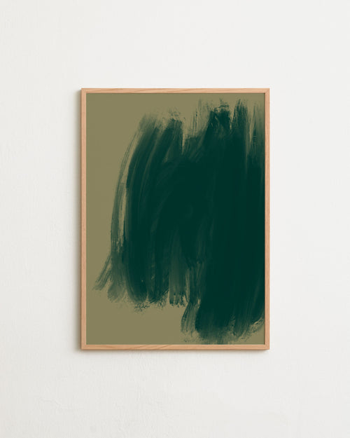 Framed abstract artwork with dark green brush strokes on a beige background