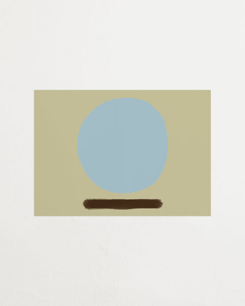 Abstract art piece with a blue circle and brown line on a beige background