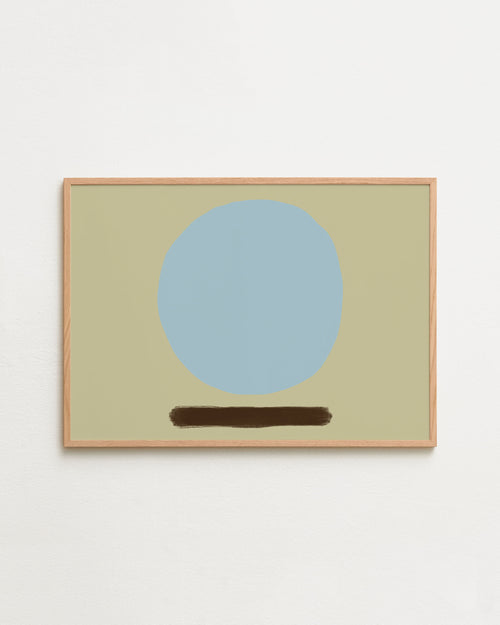 Abstract art piece with a blue circle and brown line on a beige background