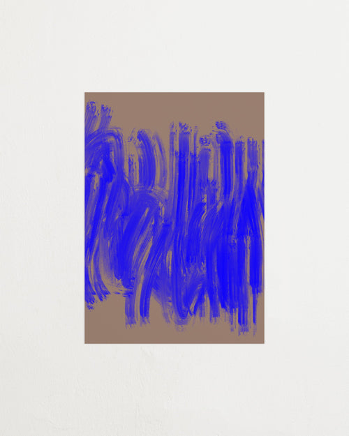 Abstract art piece with blue brush strokes on a beige background