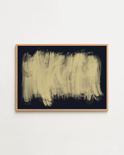 Abstract art piece with beige brush strokes on a dark background, framed in a light wood color.