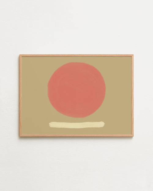 Abstract art piece with a red circle and white line on a beige background