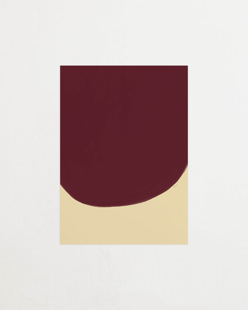 Art print with a minimalist illustration of a large, rounded color field in a wine-red tone against a light beige background. Styled in a minimalist interior.