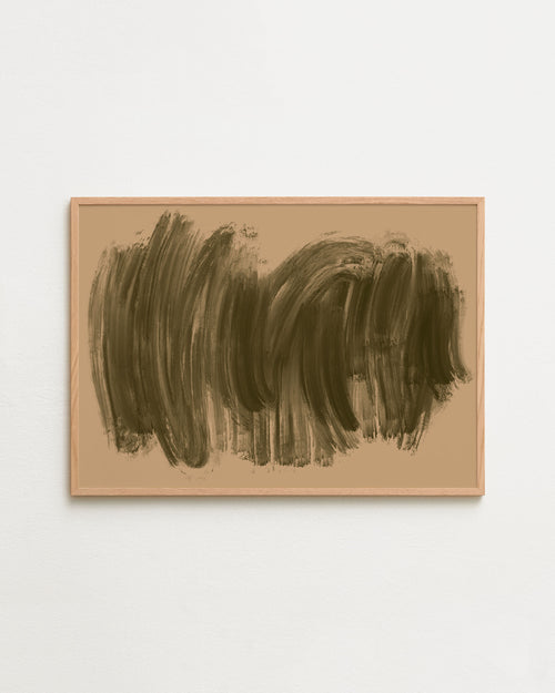 Abstract brown brushstroke art on a beige background