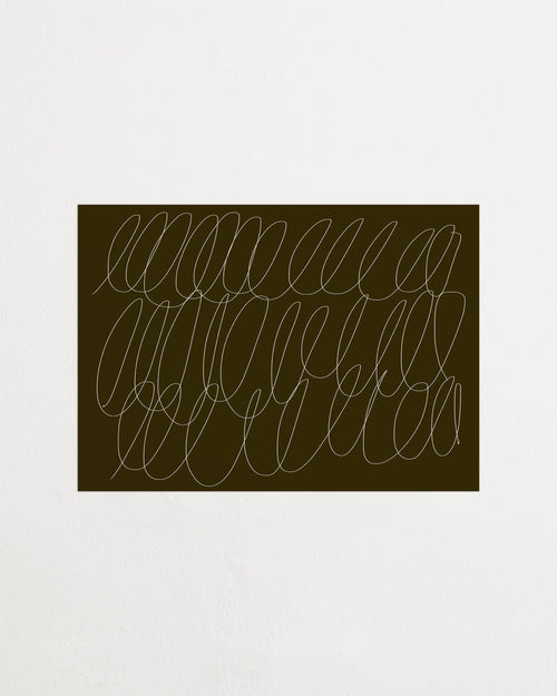 Art print with a graphic illustration of sweeping, continuous lines in a light tone against a dark green background, with a minimalist and abstract expression. Styled in a minimalist interior.