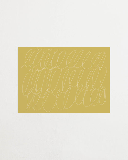 Art print with a graphic illustration of sweeping, continuous lines in a light tone against a mustard yellow background, with a minimalist and abstract expression. Styled in a minimalist interior.