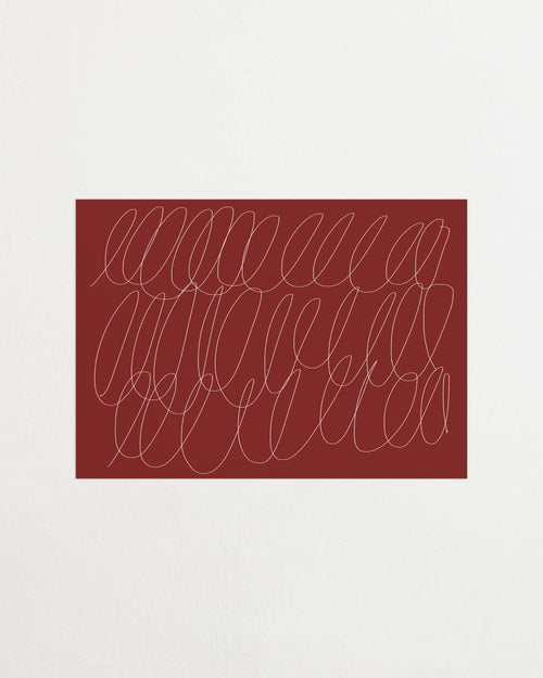 Art print with a graphic illustration of sweeping, continuous lines in a light tone against a red background, with a minimalist and abstract expression. Styled in a minimalist interior.