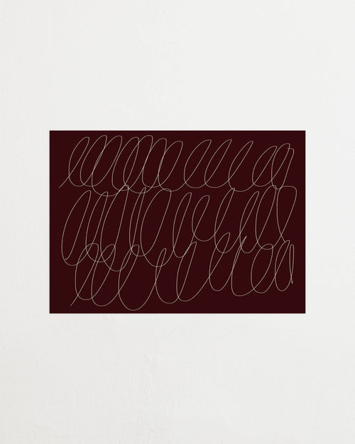 Art print with a graphic illustration of sweeping, continuous lines in a light tone against a wine-red background, with a minimalist and abstract expression. Styled in a minimalist interior.