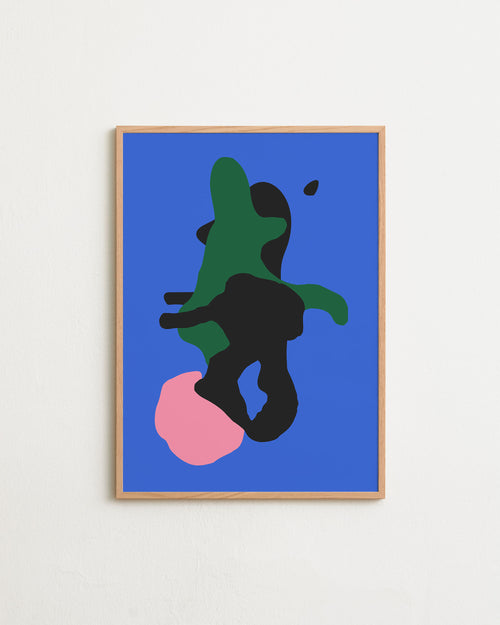 Framed abstract artwork with a blue background, green and black shapes, and a pink circle.
