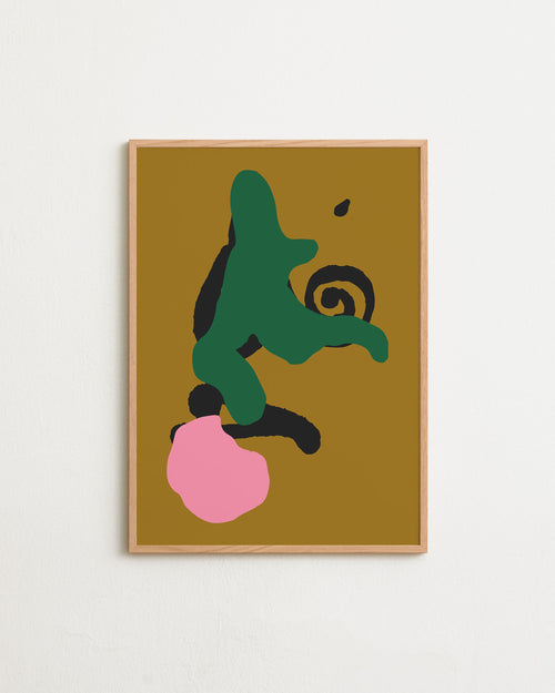Framed abstract artwork with green, pink, and black shapes on a beige background