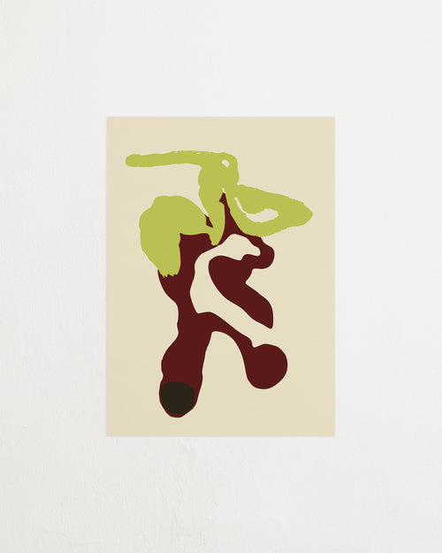 Abstract art print with green and brown shapes on a beige background