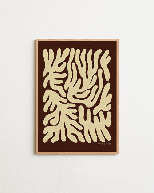 Framed abstract art print with beige patterns on a brown background