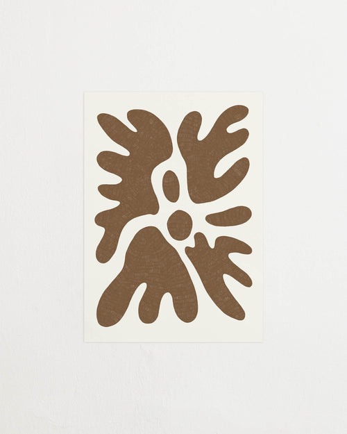 Art print featuring a minimalistic motif in warm brown and soft beige, with shapes that explore the space between abstraction and recognition through soft, fluid forms. Styled in a minimalist interior.