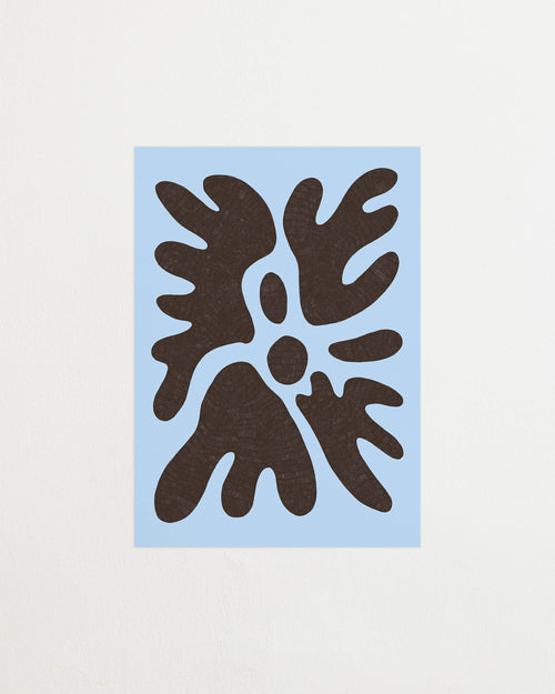 Art print featuring a minimalistic motif in chocolate brown and pastel blue, with shapes that explore the space between abstraction and recognition through soft, fluid forms. Styled in a minimalist interior.
