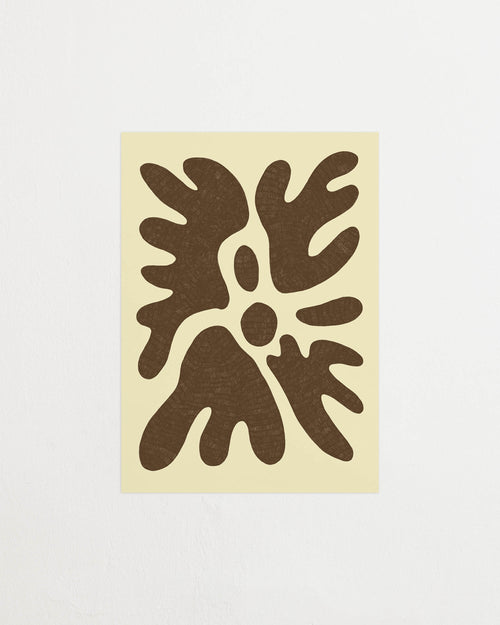 Art print featuring a minimalistic motif in warm brown and soft yellow-beige, with shapes that explore the space between abstraction and recognition through soft, fluid forms. Styled in a minimalist interior.
