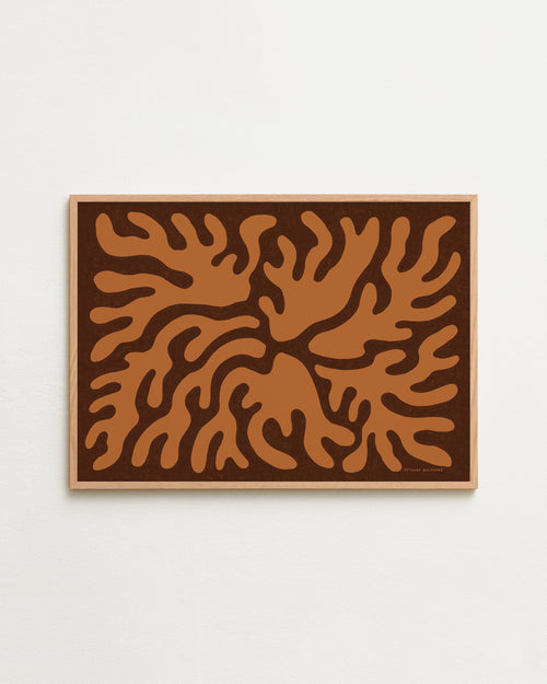 Wooden wall art with abstract brown design on a white background