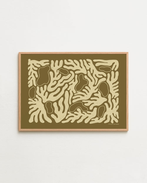 Framed abstract artwork with wavy line patterns on a plain background