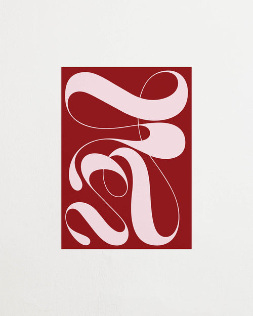 Art print featuring exploratory organic forms emerging in red and pink. Featured against a light background.