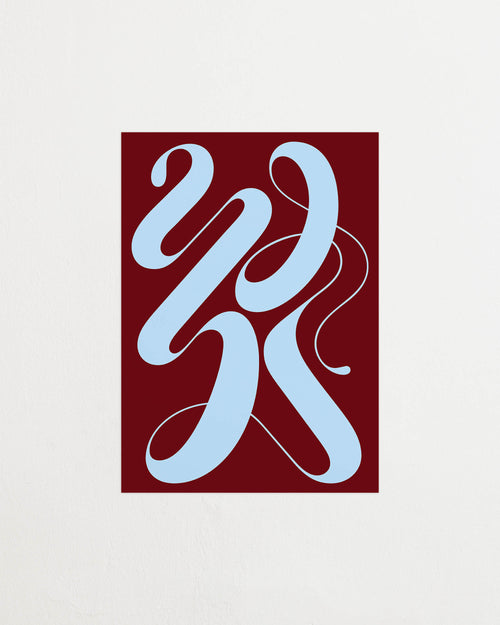 Art print featuring exploratory organic forms emerging in burgundy and blue. Featured against a light background.