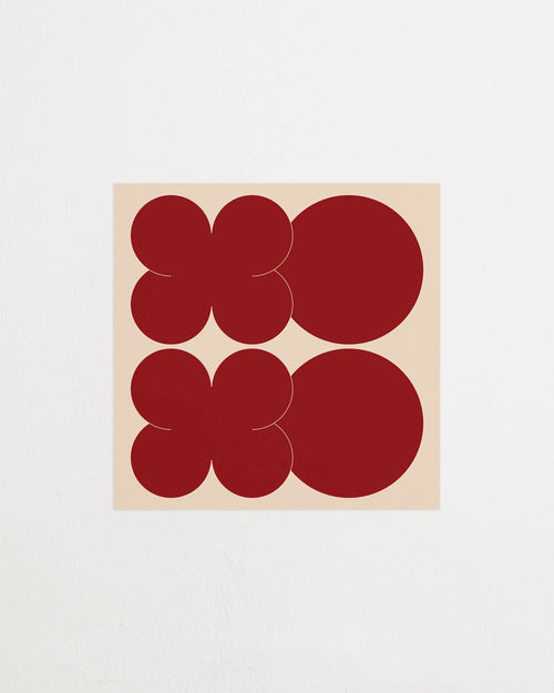 Square-format Art print featuring playful, bold typography of the letters X and O, hugs and kisses, in red against a beige background. Featured against a light background.