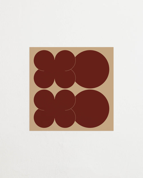 Square-format Art print featuring playful, bold typography of the letters X and O, hugs and kisses, in two shades of brown. Featured against a light background.