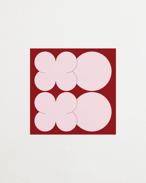 Square-format Art print featuring playful, bold typography of the letters X and O, hugs and kisses, in pink against a red background. Featured against a light background.