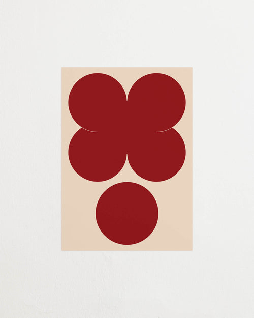 Art print featuring playful, bold typography of the letters X and O, hugs and kisses, in red against a beige background. Featured against a light background.