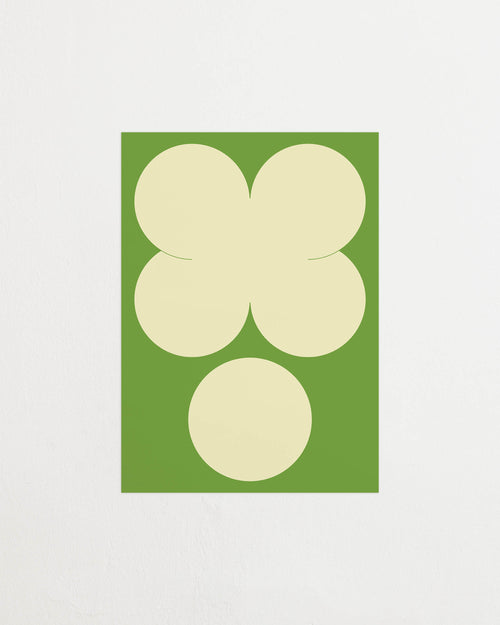 Art print featuring playful, bold typography of the letters X and O, hugs and kisses, in yellow-green against a bright green background. Featured against a light background.